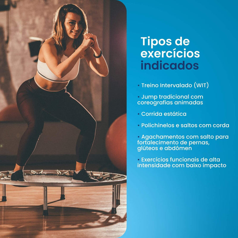 Informações da Cama Elástica Jump J&I Health: suporta até 180 kg, com molas resistentes e estrutura em aço carbono galvanizado. Ideal para exercícios de cardio, força e resistência, e exercícios funcionais com baixo impacto.