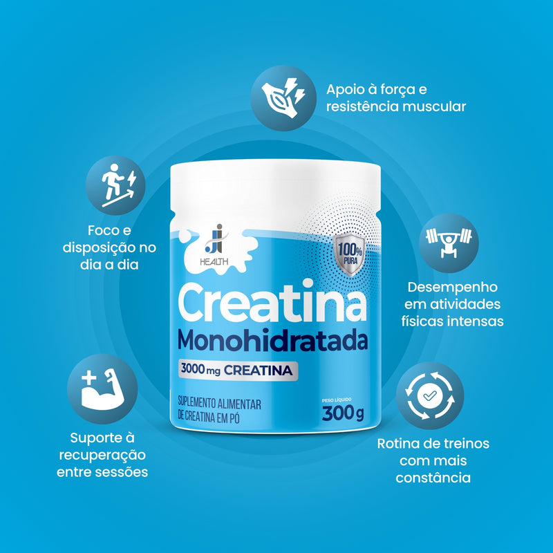 Benefícios da Creatina J&I Health: aumento de força, melhora no desempenho físico, aumento de massa muscular e recuperação rápida. Produto zero açúcar, zero glúten e tripla ação.
