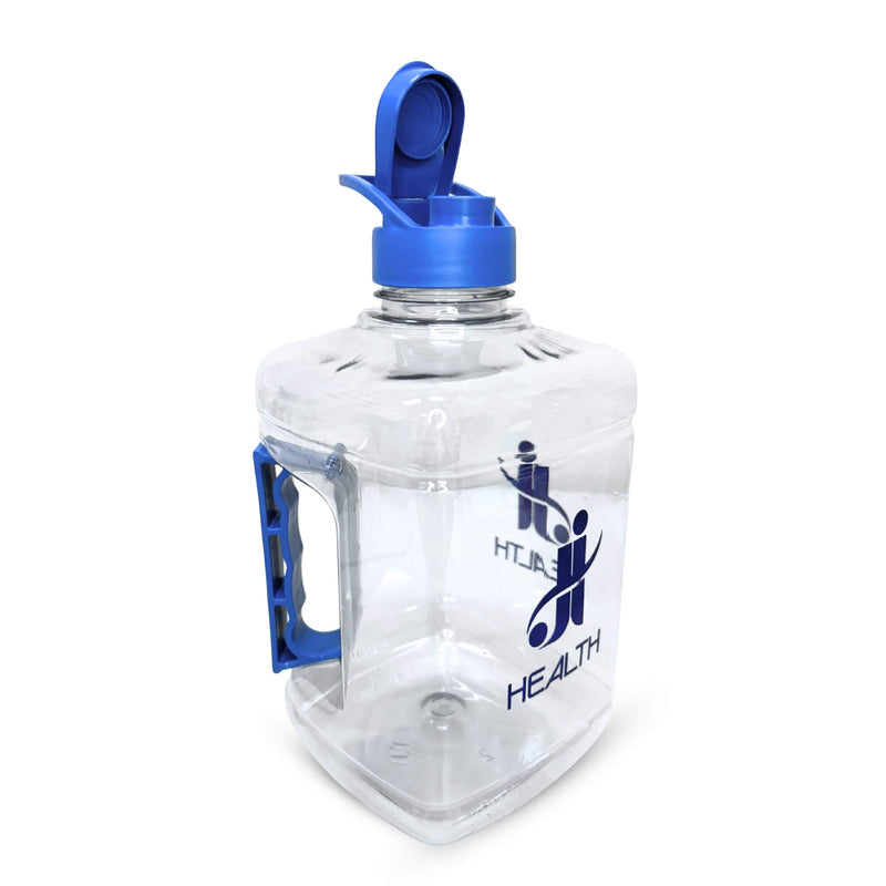 Garrafa J&I Health 2 Litros com tampa vedação Flip Flop, alça resistente e material PET livre de BPA. Design moderno e prático, ideal para transporte e armazenamento de líquidos. Disponível nas cores azul e rosa