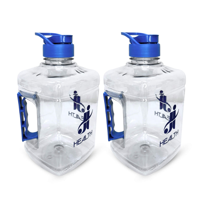 Garrafa J&I Health 2 Litros com tampa vedação Flip Flop, alça resistente e material PET livre de BPA. Design moderno e prático, ideal para transporte e armazenamento de líquidos. Disponível nas cores azul e rosa.