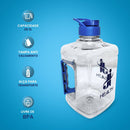 Vantagens da Garrafa J&I Health 2 Litros: Tampa Flip Flop, material resistente, alça para transporte fácil, formato quadrado para otimizar espaço e design moderno. Ideal para o dia a dia, disponível nas cores azul e rosa.