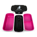 Benefícios da Marmita Box Fitness J&I Health: capacidade de 1,93 litros, três divisórias removíveis, tampa com travas laterais e material livre de BPA. Ideal para quem busca praticidade e saúde no dia a dia. Disponível nas cores rosa e azul.