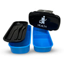 Informações da Marmita Box Fitness J&I Health: capacidade de 1,93 litros, três divisórias internas removíveis, tampa com vedação eficiente e livre de BPA. Pode ser utilizada no micro-ondas e congelador. Disponível nas cores rosa e azul.