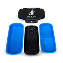 Vantagens da Marmita Box Fitness J&I Health: material resistente, divisórias removíveis, tampa com travas laterais e design compacto. Disponível nas cores rosa e azul. Ideal para transporte de refeições saudáveis e organização.