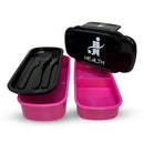 Vantagens da Marmita Box Fitness J&I Health: material resistente, divisórias removíveis, tampa com travas laterais e design compacto. Disponível nas cores rosa e azul. Ideal para transporte de refeições saudáveis e organização.