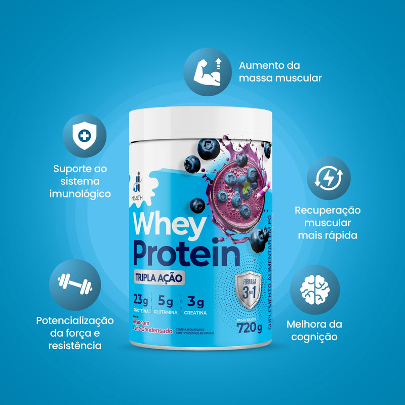 Benefícios do Whey Protein de Açaí com Leite Condensado J&I Health: aumento de força, recuperação muscular e suporte ao sistema imunológico. Whey zero, zero açúcar, zero glúten e tripla ação.