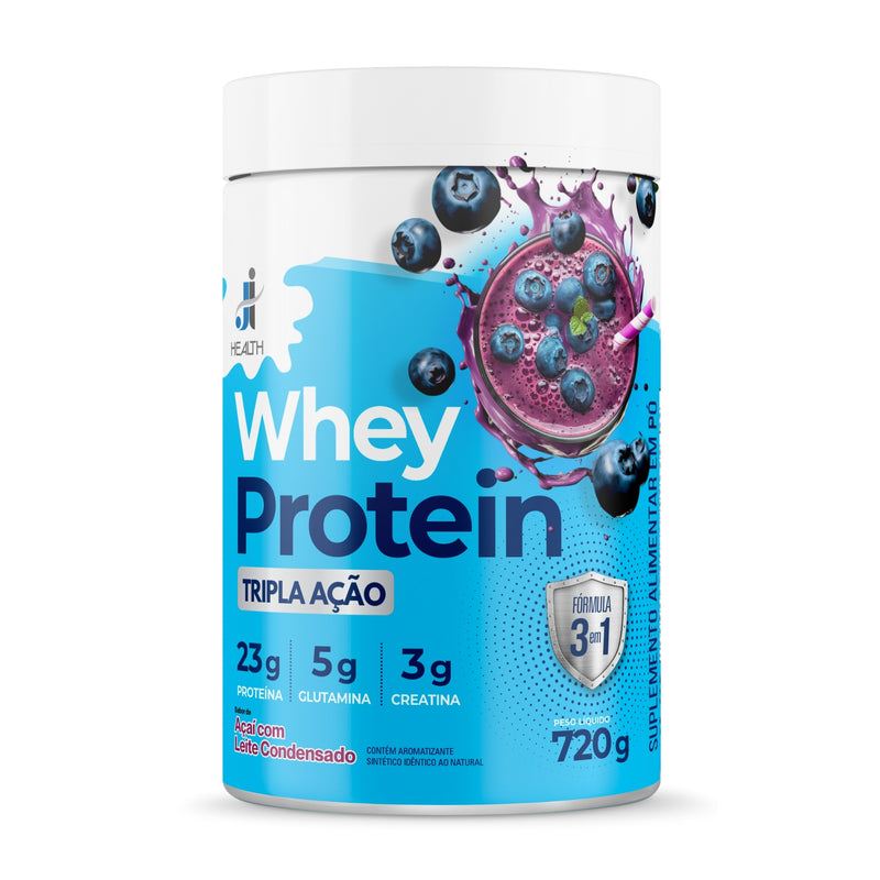Whey Protein sabor açaí com leite condensado da J&I Health com 23g de proteína por porção, ideal para recuperação muscular e aumento de força. Whey zero, zero açúcar, zero glúten e tripla ação.