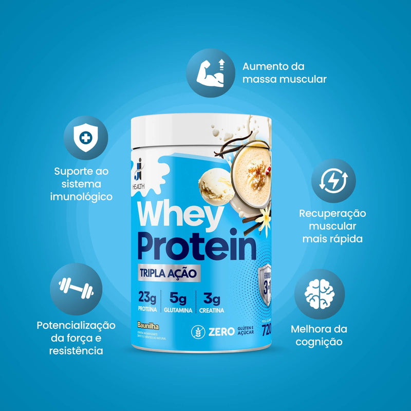Benefícios do Whey Protein de Baunilha J&I Health: aumento de força, recuperação muscular e suporte ao sistema imunológico.